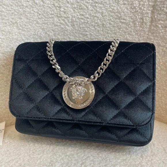 VERSACE Calfskin Nylon Quilted Medusa Chain Crossbody Black - Picture 2 of 8
